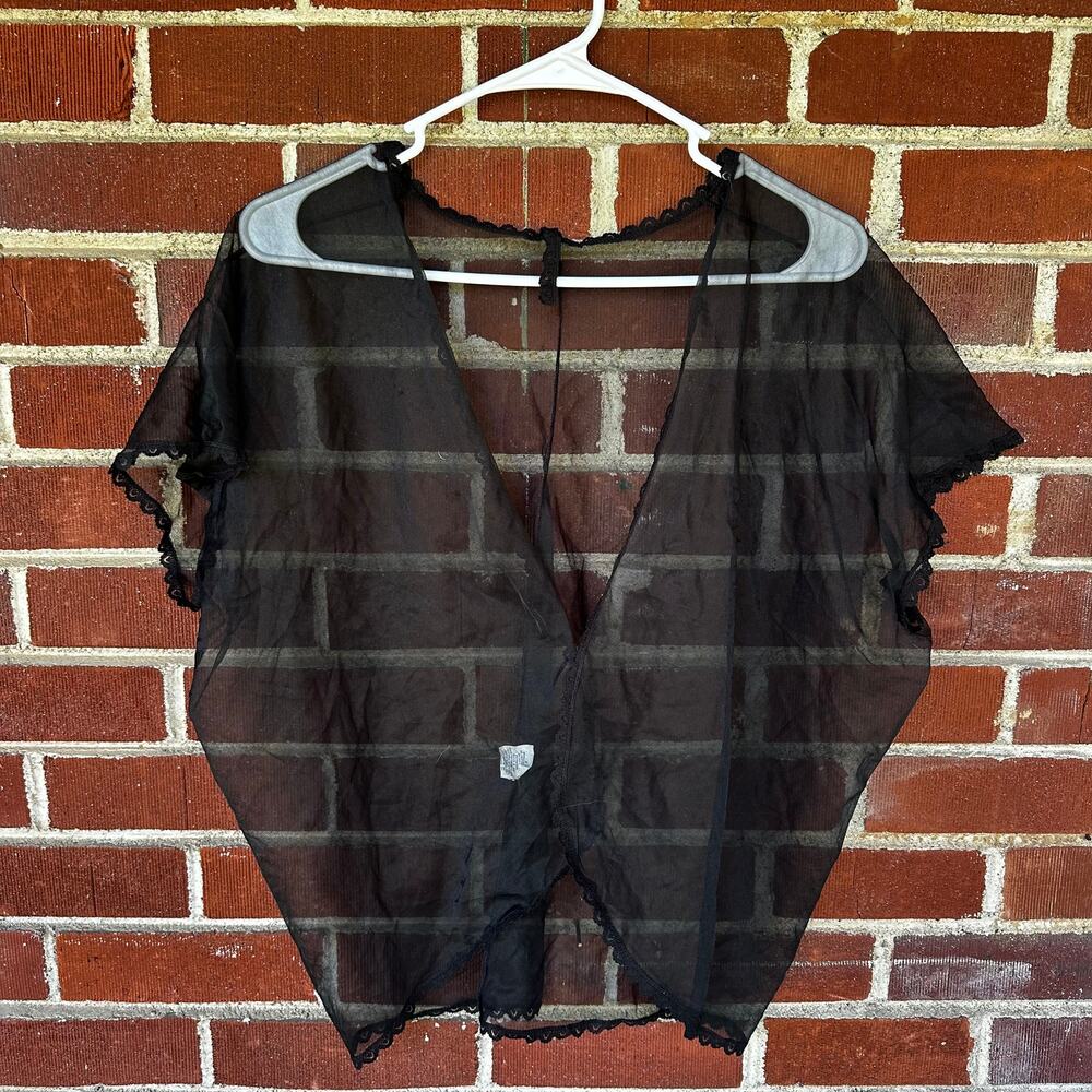 Vintage 90s Sheer Black Lace Tie-Front Bed Jacket Lingerie Top M
